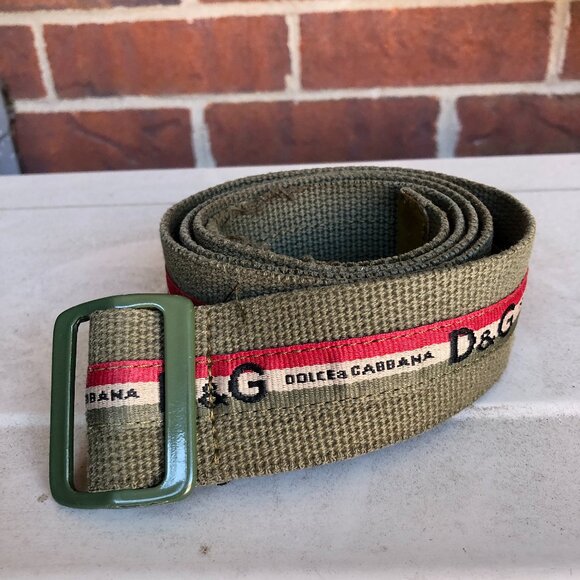 Vtg D&G Dolce & Gabbana Logo Tape Canvas Belt Kaki Y2K Streetwear Sz 95 (M/L) - Picture 1 of 6